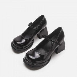 2023 spring new style high heels for women genuine leather retro school style thick heel single shoes black round head Mary Jane shoes Knee-high boots for women, no label version, suitable for petite women, spicy thick-soled elastic boots, height-increasi