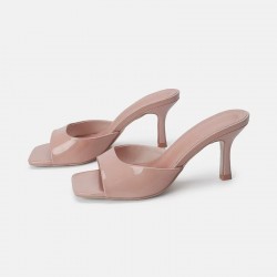 Sheepskin version - Square head toe-exposed sexy outdoor one-strap flip-flops patent leather high heels sandals 2025 summer thin heels