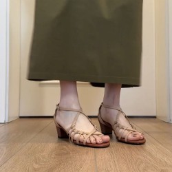 Sheepskin version in stock~ Round head toe-exposed woven Roman sandals for women thick heel height-increasing South France vacation style mid-heel shoes for women