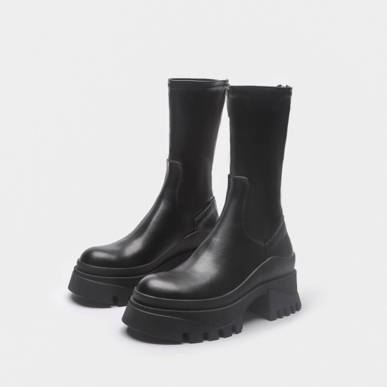 2022 new style cross-border foreign trade short boots for women thick sole groove sole mid-calf elastic boots back zipper Martin boots