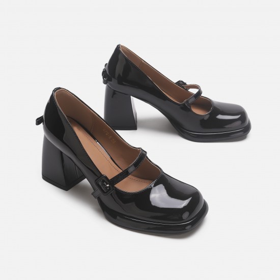 Leather version cross straps elastic band retro chunky heel Mary Janes for women, slip-on high heels, pointed-toe ballet shoes