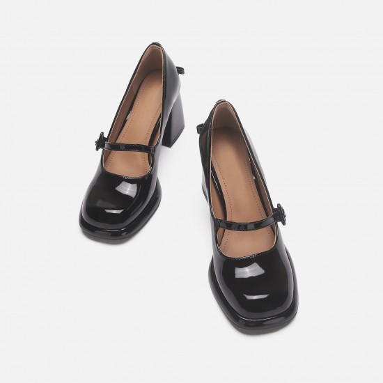 Leather version cross straps elastic band retro chunky heel Mary Janes for women, slip-on high heels, pointed-toe ballet shoes