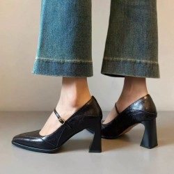 2025 new style French Mary Janes for women, high-end chunky heel high heels, shallow-toe small leather shoes, water crystal single shoes