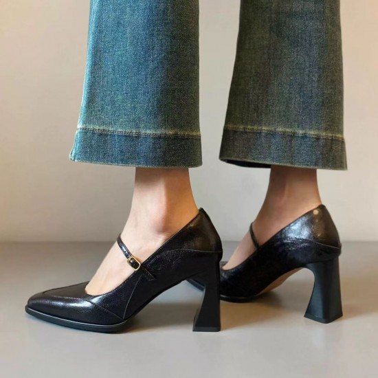 2025 new style French Mary Janes for women, high-end chunky heel high heels, shallow-toe small leather shoes, water crystal single shoes 2025 new style French Mary Janes for women, high-end chunky heel high heels, shallow-toe small leather shoes, water crystal single shoes