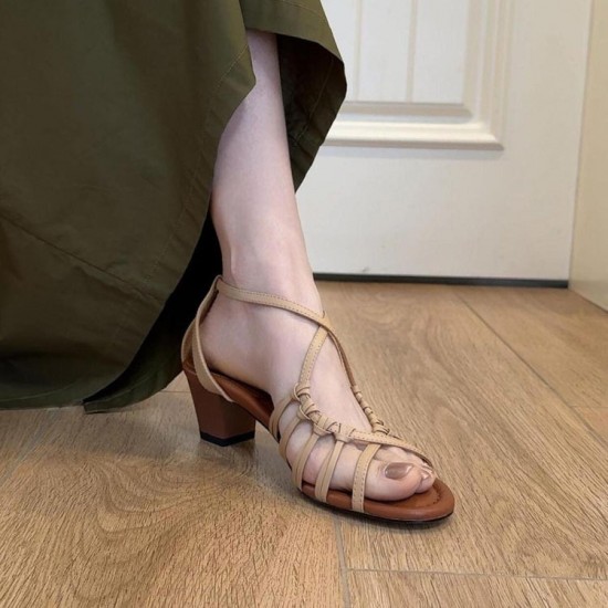 Sheepskin version in stock~ Round head toe-exposed woven Roman sandals for women thick heel height-increasing South France vacation style mid-heel shoes for women Sheepskin version in stock~ Round head toe-exposed woven Roman sandals for women thick heel height-increasing South France vacation style mid-heel shoes for women