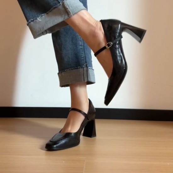 Chunky heel Mary Janes for women, high heels, 2025 new style for short women, French JK small leather shoes