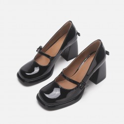 Leather version cross straps elastic band retro chunky heel Mary Janes for women, slip-on high heels, pointed-toe ballet shoes