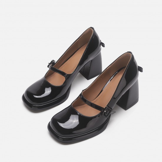 Leather version cross straps elastic band retro chunky heel Mary Janes for women, slip-on high heels, pointed-toe ballet shoes