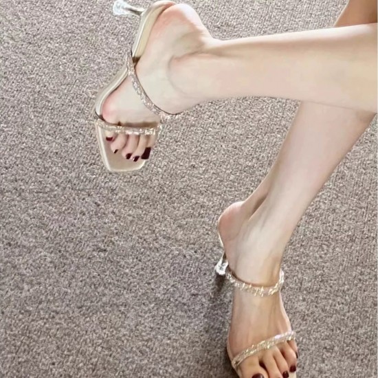 Women's high heels sandals thin heel water crystal one-strap champagne color 2025 European and American summer square head elegant sandals Women's high heels sandals thin heel water crystal one-strap champagne color 2025 European and American summer square head elegant sandals