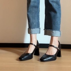Chunky heel Mary Janes for women, high heels, 2025 new style for short women, French JK small leather shoes