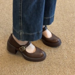 Sheepskin version~ Round head high heels Mary Jane shoes for women genuine leather one-strap buckle shallow mouth single shoes thick heel retro small leather shoes