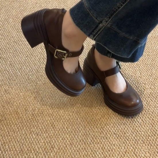 Sheepskin version~ Round head high heels Mary Jane shoes for women genuine leather one-strap buckle shallow mouth single shoes thick heel retro small leather shoes