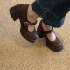 Sheepskin version~ Round head high heels Mary Jane shoes for women genuine leather one-strap buckle shallow mouth single shoes thick heel retro small leather shoes