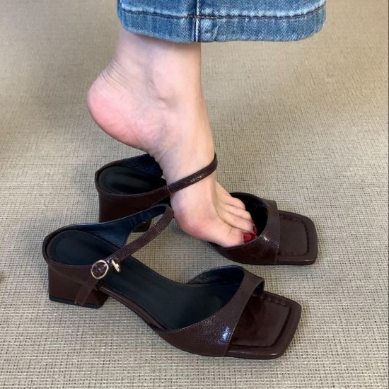 Leather one-strap chunky heel Mary Janes for women, new French retro high heels, work shoes, shallow-toe square-toe single shoes for women