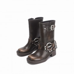 Vintage western cowboy boots riding boots thick heel mid-calf smoke tube boots 2023 new style square head motorcycle boots