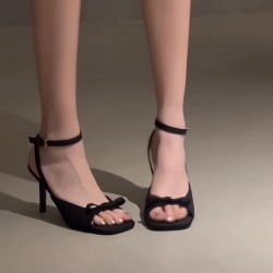 Bowknot French exquisite sandals thin heel high-end Roman shoes ankle strap black high heels shoes for women summer
