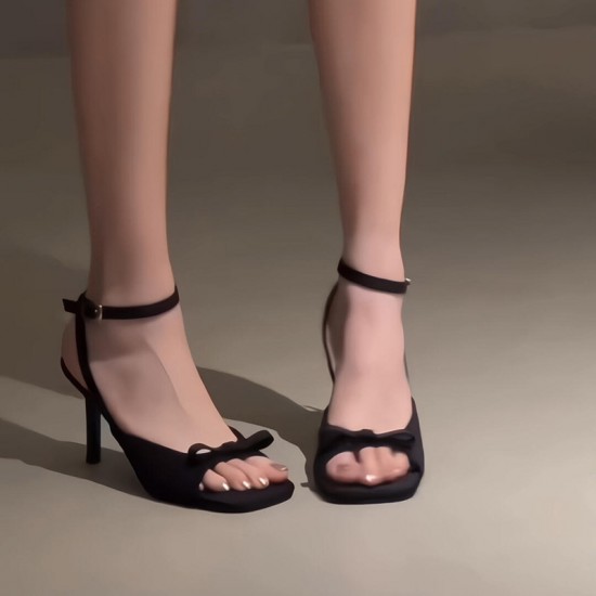 Bowknot French exquisite sandals thin heel high-end Roman shoes ankle strap black high heels shoes for women summer Bowknot French exquisite sandals thin heel high-end Roman shoes ankle strap black high heels shoes for women summer