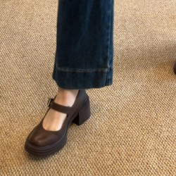 Sheepskin version~ Round head high heels Mary Jane shoes for women genuine leather one-strap buckle shallow mouth single shoes thick heel retro small leather shoes