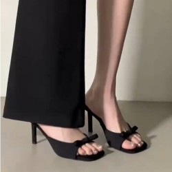 Women's summer outdoor fashionable black satin bowknot decorated one-strap fish-mouth toe-exposed high heels sandals