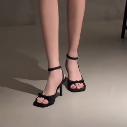 Bowknot French exquisite sandals thin heel high-end Roman shoes ankle strap black high heels shoes for women summer