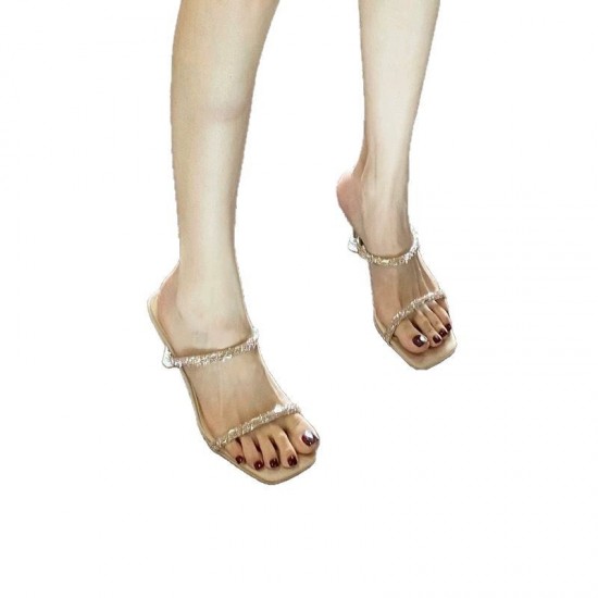 Women's high heels sandals thin heel water crystal one-strap champagne color 2025 European and American summer square head elegant sandals Women's high heels sandals thin heel water crystal one-strap champagne color 2025 European and American summer square head elegant sandals