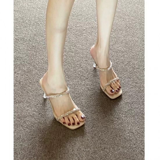 Women's high heels sandals thin heel water crystal one-strap champagne color 2025 European and American summer square head elegant sandals Women's high heels sandals thin heel water crystal one-strap champagne color 2025 European and American summer square head elegant sandals