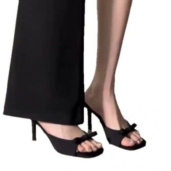 Women's summer outdoor fashionable black satin bowknot decorated one-strap fish-mouth toe-exposed high heels sandals