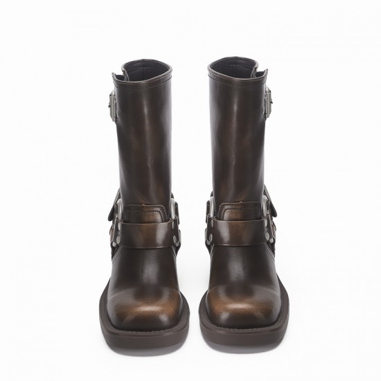Vintage western cowboy boots riding boots thick heel mid-calf smoke tube boots 2023 new style square head motorcycle boots Vintage western cowboy boots riding boots thick heel mid-calf smoke tube boots 2023 new style square head motorcycle boots