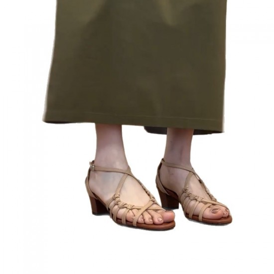 Sheepskin version in stock~ Round head toe-exposed woven Roman sandals for women thick heel height-increasing South France vacation style mid-heel shoes for women Sheepskin version in stock~ Round head toe-exposed woven Roman sandals for women thick heel height-increasing South France vacation style mid-heel shoes for women